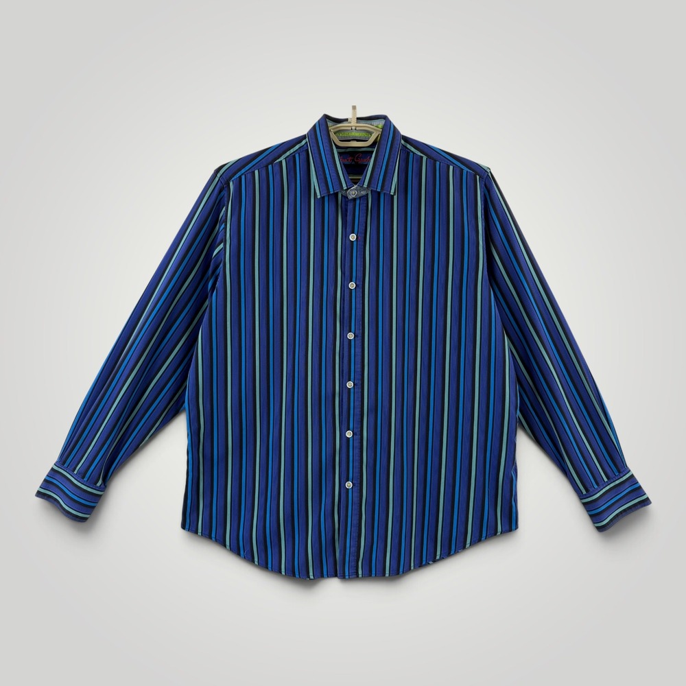 Robert Graham Tailored Fit Blue Green Striped Button Down Shirt Mens 2XL